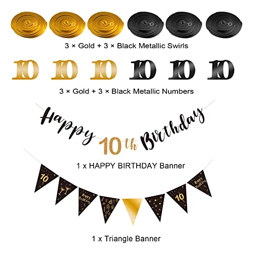 10th Birthday Decoration Kit - Happy 10th Banner Bunting Swirls Streamers, Triangle Flag Banner for Party Decorations, Black and Gold by BRT Bearingshui - Used condition - Image 2