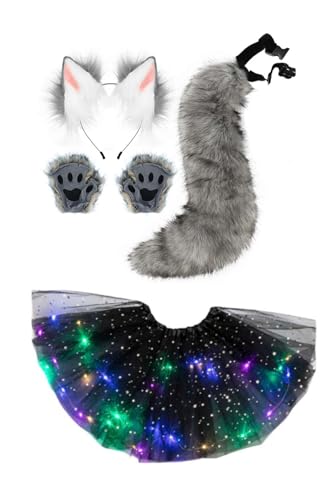 galeeup Fox Cosplay Costume Animal Plush Tail Claw Full Accessory Outfit Halloween (Grey)