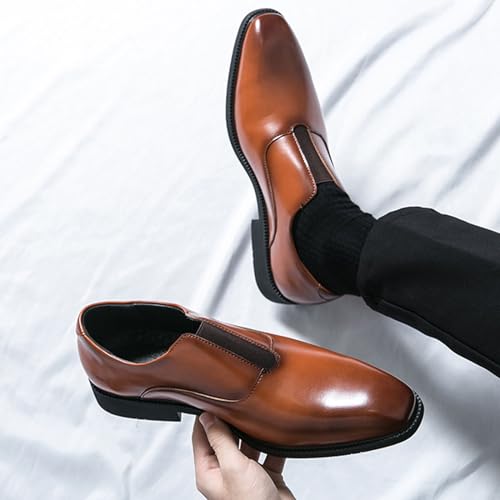 Men's Leather Elastic Band Low Top Dress Business Loafers Fashion Square Toe Low Heeled Slip-On Formal Tuxedo Derby Shoes Classic Plain Toe Modern Formal Leather Shoes3