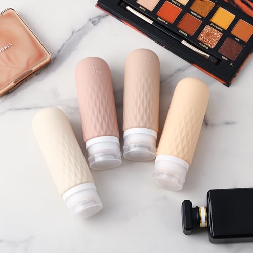 Voroly Travel Bottles Kit for Toiletries Organizer 90ml TSA Approved Silicone Containers Portable Split Bottle Accessories for Conditioner Shampoo Lotion - 4 Pack (CHEX, Beige) 5 41Xp08u3SrL