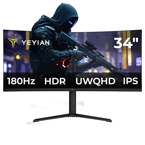YEYIAN Elysium 34 Monitor do gier 34" Zakrzywiony WQHD | Ultra Szeroki ekran | 21:9 | 3440x1440 | Panel IPS | 180Hz | 1ms | FreeSync | 16 M kolorów | 120% sRGB | 2 x DisplayPort 1.4 i 2 x HDMI 2.1