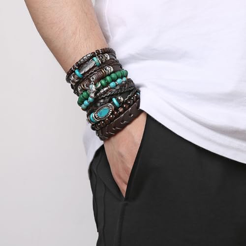 HZMAN Handmade Braided Leather Bracelet for Men Women Adjustable Bohemian Ethnic Tribal Multilayer Wooden Beaded Hemp Rope Wristbands Wrap Cuff Bracelet3