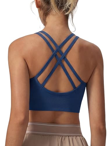 Leversic Sports Bra for Women Padded Yoga Bra Mid Impact Sports Bra Strappy Cross Back Crop Top for Fitness Yoga Gym(Navy Blue,S)
