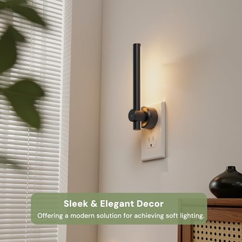 Image of L LOHAS LED Night Light Plug in, 2Pack Dimmable Night Lights Plug into Wall | 330Rotating Nightlight with Dusk to Dawn Sensor, Soft White, 0-100LM Modern Black Nightlights for Bathroom Mirror Restroom