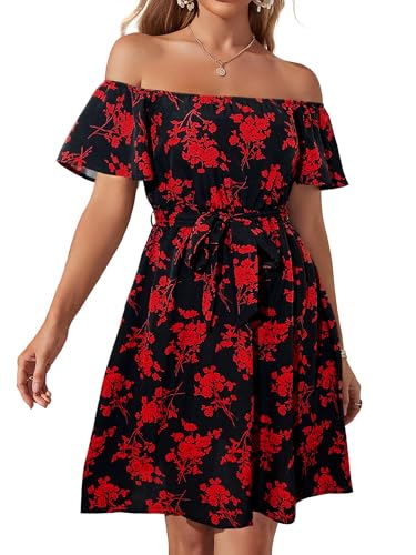 Image of Off Shoulder Ruffle Dress for Women, A-Line Mini Dress with Belt, Fitted Bust Summer Wedding Guest Dress