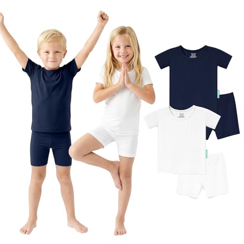 PurComfy Short Sleeve Toddler Pajama Set, 4-Piece Bamboo Viscose Unisex Sleepwear, Baby Boys Girls Sung Fit Summer Clothes 5T Midnight & Cream