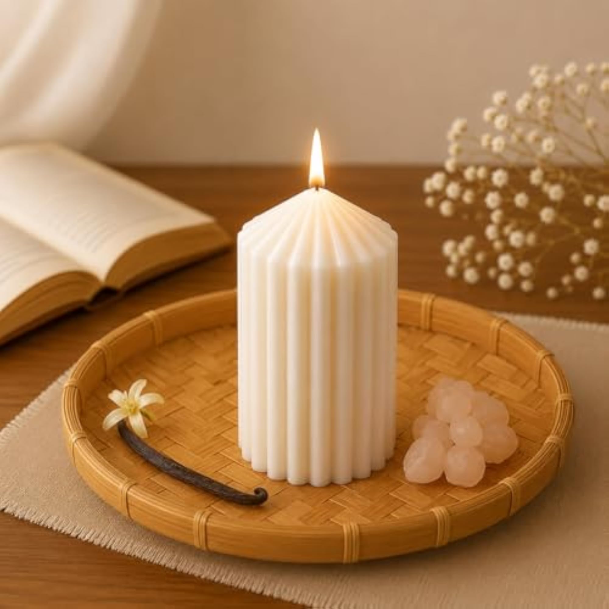 Handmade Ribbed Pillar Candle, Premium Soy Wax Decorative