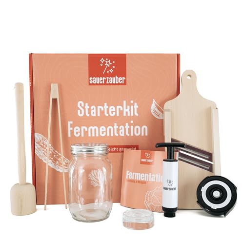 SauerZauber Starterkit Fermentation großes Fermentierset für Gemüse wie Kimchi Sauerkraut - 1 L Fermentierglas Fermentiergewicht Krauthobel & Zubehör Fermentieren leicht gemacht.
