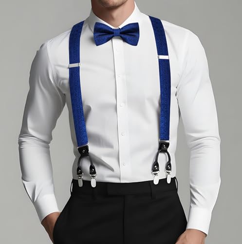 Image of Dubulle Suspender and Bow Tie for Men Paisley Solid Mens Suit Braces Pretied Bowtie and Handkerchief Cufflinks Formal Wedding