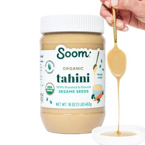 Soom Foods Organic Tahini 16oz (1 Pack) | Roasted & Ground Sesame Seed Paste | Creamy Tahini for Dubai Chocolate, Hummus, Sauces | Vegan, Nut-Free, Gluten-Free, Kosher, Keto, Paleo, Whole30