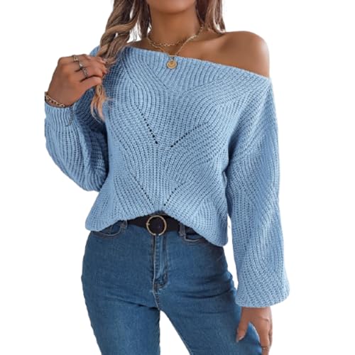 BUIWOT Jersey de punto trenzado con hombros descubiertos para mujer, color azul claro, suéter grueso de manga larga, azul, S BUIWOT Jersey de punto trenzado con hombros descubiertos para mujer, color azul claro, suéter grueso de manga larga, azul, S