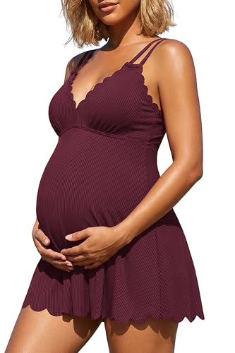 Charmo Maternity Swimsuit Swim Dress One Piece Pregnancy Bathing Suit Scalloped V Neck Maternity...