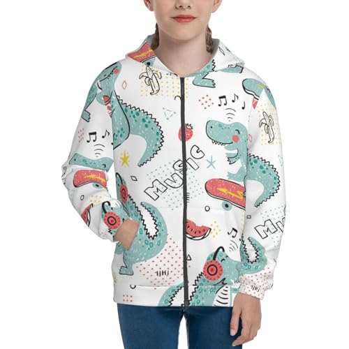 Music Lover Dinosaur Kid Hoodies Boys Zip Up Sweatshirts Girls Pullover with Pocket3