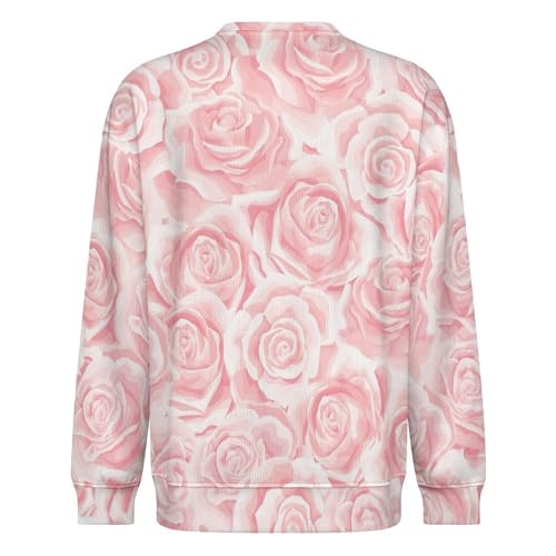 Mens Crewneck Sweater Cream Pink Rose Flower Crew Neck Sweater Long Sleeve Pullover Sweaters4