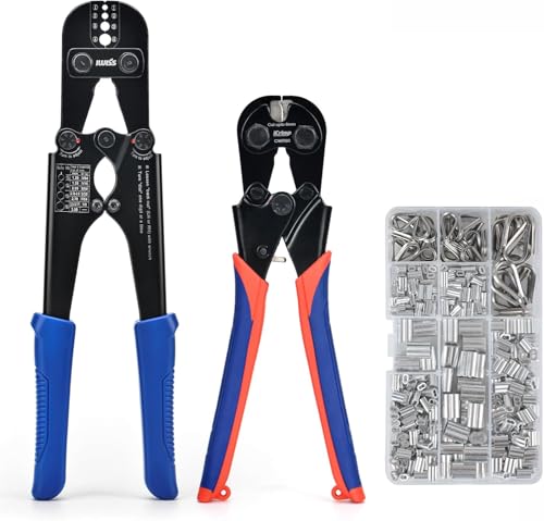 iCrimp Wire Rope Crimping Tool Set, Hand Swage Wire Rope Crimper Crimping Tool for 1.2-3.5mm Wire Cable, with 330 Pieces Loop Sleeves and 45 Pieces Thimbles, with Cable Cutter up tp 60mm