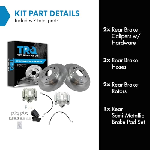 Image of TRQ Rear Brake Pad and Rotor Set Semi Metallic Rotors Calipers Hoses Compatible with 2002-2004 Honda CR-V