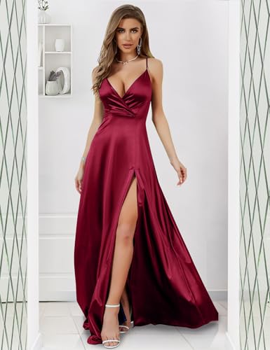 Image of MUXXN Women's Gorgeous Spaghetti Strap V Neck Stain Split Evening Party Maxi Dress
