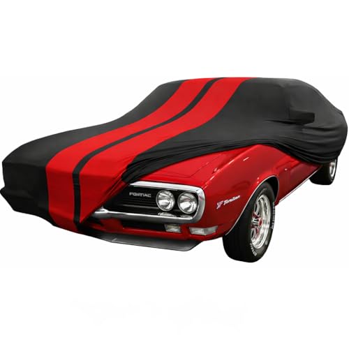 Image of SR1 USA 1967-1969 Firebird Car Cover - Custom Fit Indoor Protection Ultraguard Stretch Satin - The Ultimate High End Fit for Classic Pontiac Fire Bird (Black with Red Stripes)