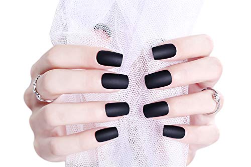 JINDIN 24 Sheet Square Black Matte Fake Nails with Nail Glue Sticker On Nails Full Cover False Nails for Women Girls Acrylic Press On Nail Tips