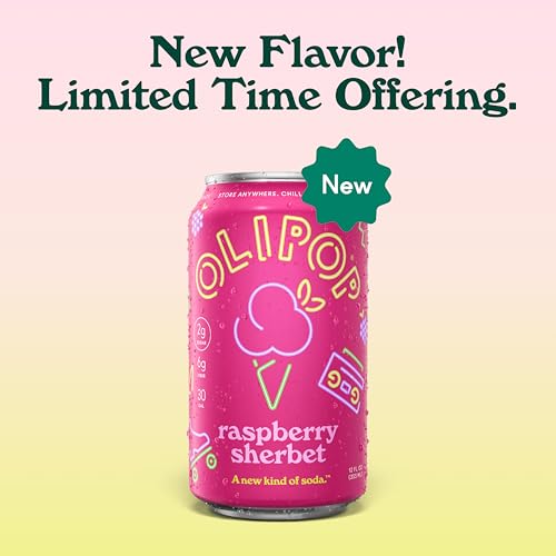 Image of OLIPOP Prebiotic Soda Pop, Raspberry Sherbet, Pantry Pack Packed with Prebiotics, Fiber, and Botanicals, Gluten Free, GMO Free, 12oz (12-Cans) (Packaging May Vary)