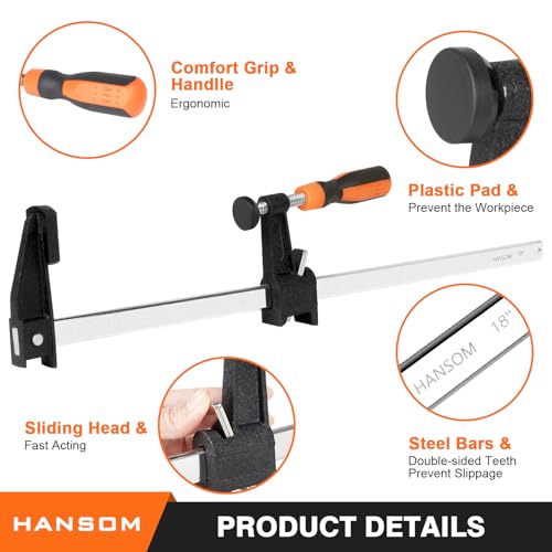 Hansom 4-Pack 18 Inch Bar Clamps,Long Wood Clamps Heavy Duty Clamps Force 600 Lbs Adjustable And Release Quickly,Woodworking Clamps Throat Depth 2.5 Inch With Plastic Handle thumb #3