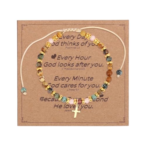 Christian Cross Bracelets for Women, Inspirational Natural Stone Bracelet Jesus Christian Gifts Adjustable Religious Jewelry for Baptism Communion Everyday Faith