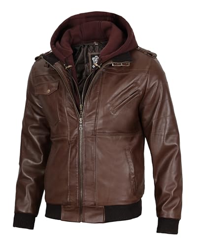 Image of fjackets Men Hooded Leather Jacket - Real Lambskin Men's Bomber Leather Jackets with Detachable Hood Stylish Casual Outerwear