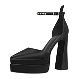 onlymakerheels Women’s Double High Chunky Platform Pointed Closed Toe Chunky Heels Ankle Strap Rhinestone Pumps Shoes for Dress Wedding Party Black Size5