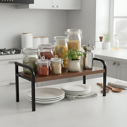 Image of ABJA Kitchen Stylish Counter Top Organizer, Rack Stand for Storage, Wooden Shelf, Spice Rack Organizer, Oil Stand, Tabletop Rack For Makeup, Office (1Tier,Rustic Brown)