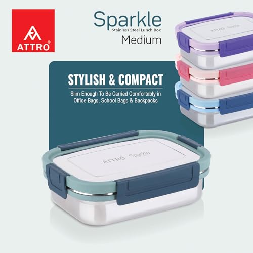 Image of ATTRO Sparkle Medium Stainless Steel Lunch Box 2-Piece Set - 800ml + 150ml - Leak-Proof, BPA-Free, Compact & Durable - Ideal for Kids, Office, Travel - Green