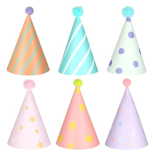Apausvcm 6 Stück Partyhüte Set Partyhüte für Kuscheltiere Geburtstagshüte für Hunde & Katzen Hundepartyhüte mit Pompons Kleine Party Hüte Kuscheltiere Verstellbarer Mini Katzen Geburtstagspartyhut