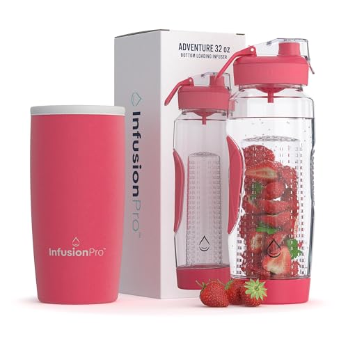 Infusion Pro Botella de agua con infusor de frutas de 32 onzas con funda aislada y libro electrónico de agua de infusión de frutas de 50 recetas: carga inferior, infusor de agua grande para más sabor