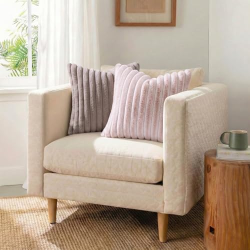 Image of Pallene Faux Fur Plush Throw Pillow Covers 22x22 Set of 2, Luxury Soft Fluffy Striped Decorative Pillow Covers for Sofa, Couch, Living Room, Light Coffee