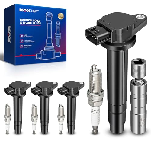 KAX 4-Pack Ignition Coil Pack & Iridium Spark Plugs Kit w/Magnetic Socket Compatible with Nissan Sentra 2000-2002 1.8L, Replace#UF326 6240