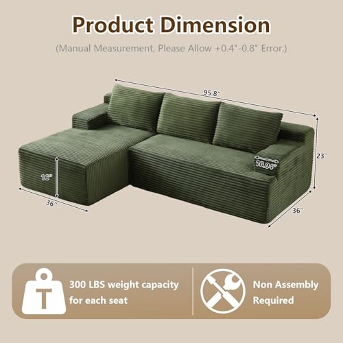 Image of 96.1 inch Modular Sectional Sofa Couches L-Shape Couch 3 Seat Modular Sofa Corduroy Memory Foam Sectional Boneless Couches for Living Room, Cloud Couch with Oversized Chaise(Green, Left Facing)