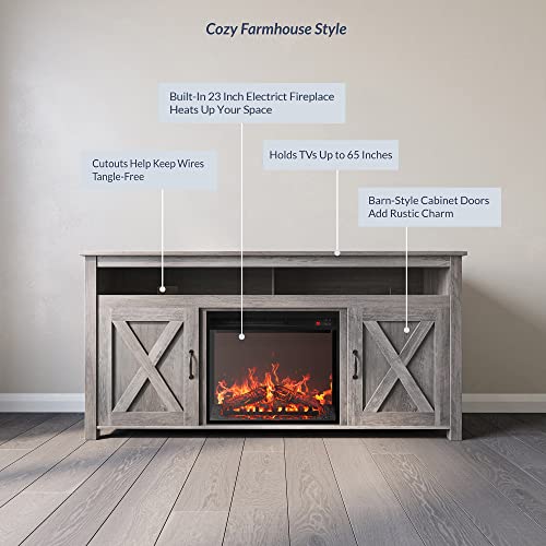Belleze Barn Door Wood Electric Fireplace Tv Stand For Tvs Up To 65 Inches Open Shelves And Cabinets Media Entertainment Center Console Table - Corin (Gray Wash) #TOP2