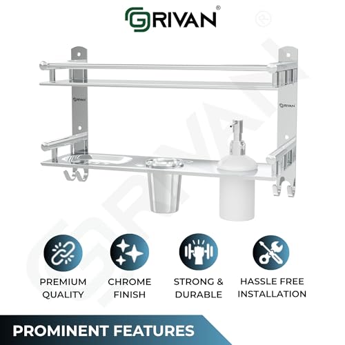 Image of GRIVAN Stainless Steel 6-in-1 Bathroom 2-Tier Shelf Rack with Soap Dish, Toothbrush Holder, Tumbler & Liquid Soap Dispenser (Silver Chrome, 16x10 Inch)