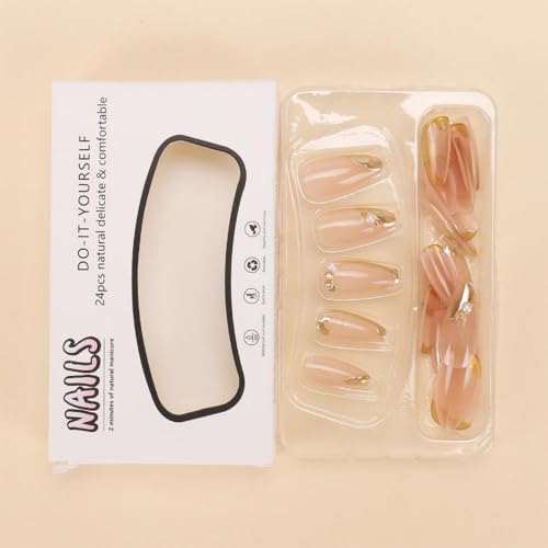 Image of Gold French Tip Press on Nails Nude Fake Nails Medium Almond False Nail with Pearl Rhinestone Design Glossy Glue on Nails Artificial Acrylic Nail 3D Gold Stick on Nail for Women Girls Manicure 24Pcs