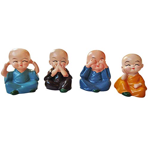 Image of AUGEN Polyresin Set of 4 Buddha Monks Statues Figurines Showpiece for Wall Shelf Table Desktop Living Room Car Dashboard Decoration Home Office Decor (Multicolour)