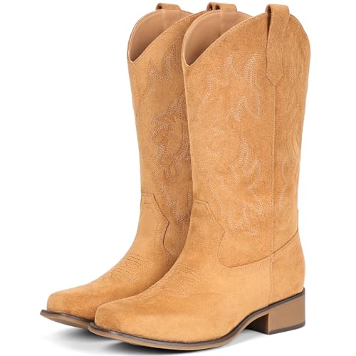 Image of IUV Cowboy Boots For Women Square Toe Wide Mid Calf Western Pull On Suede Fashion Black Brown Cowgirl Boots