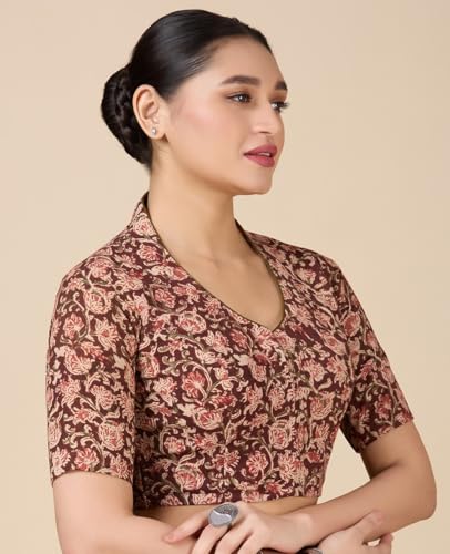 Image of Studio Shringaar Women Cotton Kalamkari Printed with Elbow Length Sleeves Readymade Saree Blouse