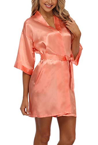 Old-Times Women's Pure Color Silk Kimono Short Robes For Bridesmaids And Bride,Orange S #TOP1