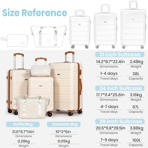 H.yeed Luggage Sets of 5 Piece, Lightweight Trolley Travel Suitcase Set ABS Hard Shell with 4 Spinner Wheels TSA Lock for Man Women, 21" + 24" + 28"+ Duffels Bag & Toiletry Bag (White, 5 Piece Set) - Image 4