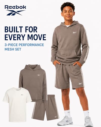 Image of Reebok Boys Active Shorts Set - 2 Piece /3 Piece Athletic Performance Stretch Hoodie Sweatshirt Gym Shorts and Shirts for Boys