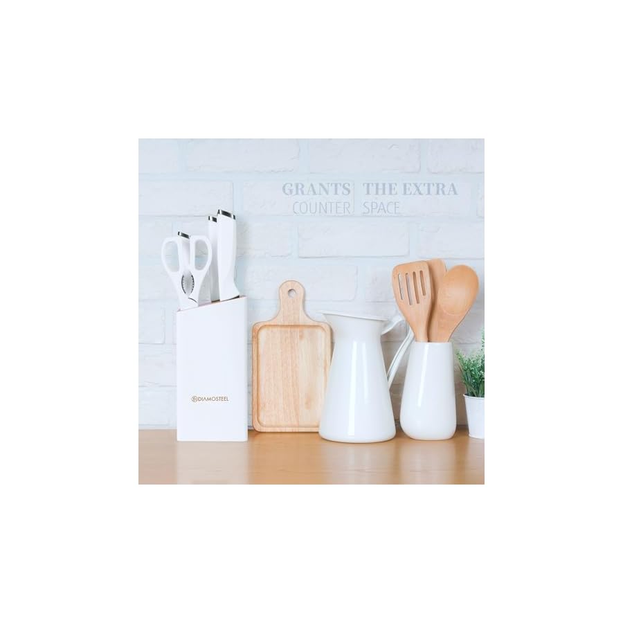 White-Knife-Set-with-Block-7-Pieces-Sharp-Knife-Block-Set-with-Stainless-Steel-Blade-and-Ergonomic-Handle-Chef-Slicing-Bread-Utility-Paring-Knife-Kitchen-Scissors-and-Wooden-Block White Knife Set with Block, 7 Pieces Sharp Knife Block Set with Stainless Steel Blade and Ergonomic Handle, Chef, Slicing, Bread, Utility, Paring Knife, Kitchen Scissors and Wooden Block