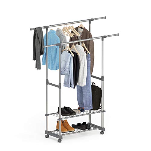 stardis Kleiderständer auf Rollen mit Ablagen ausziehbar höhenverstellbar Doppelte Edelstahl Kleiderstange grau stabil belastbar Garderobenständer Kleiderwagen B 90–153 x T 42 x H 95–170 cm