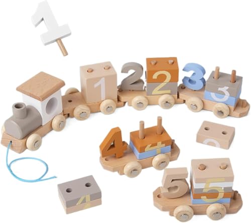 Hrzisda 積み木 車 おもちゃ 連結 出産祝い 男の子 女の子 電車おもちゃ 積み木 スタッキング おもちゃ 棒通し 知育玩具 色認識 指先訓練 成長記録 新生児 赤ちゃん 一歳 二歳 三歳 出産祝い 誕生日祝い (B)