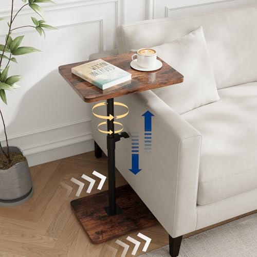 Image of C Shaped End Table Height Adjustable Side Table Sofa Tray for Couch, Sofa Bed Bathroom Study TV Tray Food Snack Trays for Eating, Rustic