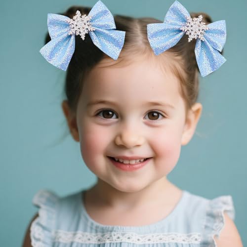 Pinzas para el cabello con lazo de copo de nieve azul para mujeres y niñas – Clips de aligátor con brillo para Navidad, accesorios festivos para el cabello, 2 unidades miniatura 2