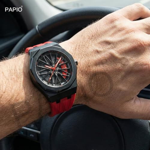 Image of PAPIO Men's Sports Analog Watch with Wheel Design Dial | Metal Case | Silicone Strap | Stylish Casual Watch for Men